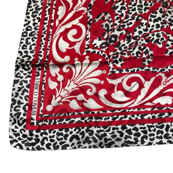 Enrico Coveri Vintage Silk Scarf — Made in Italy — Red & Leopard Baroque Print ( - Picture 5 of 7